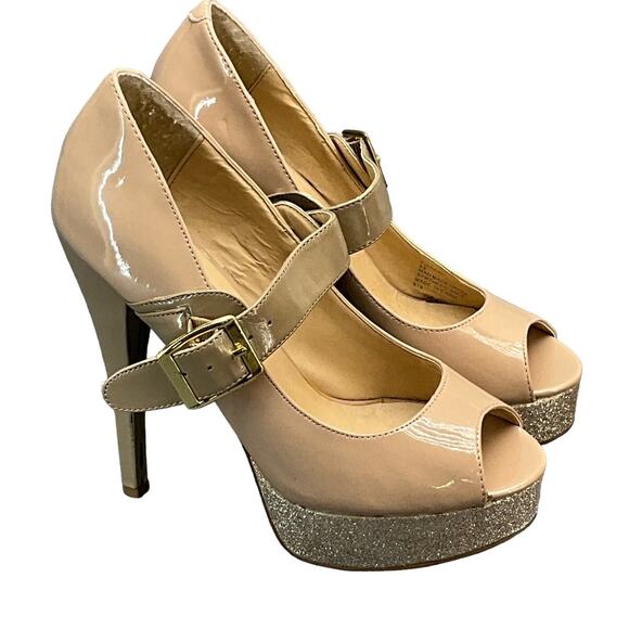 Steve Madden Vintage 90s Nude Glitter Platform Peep Toe Mary Jane Heel Women 8.5 - Picture 1 of 9